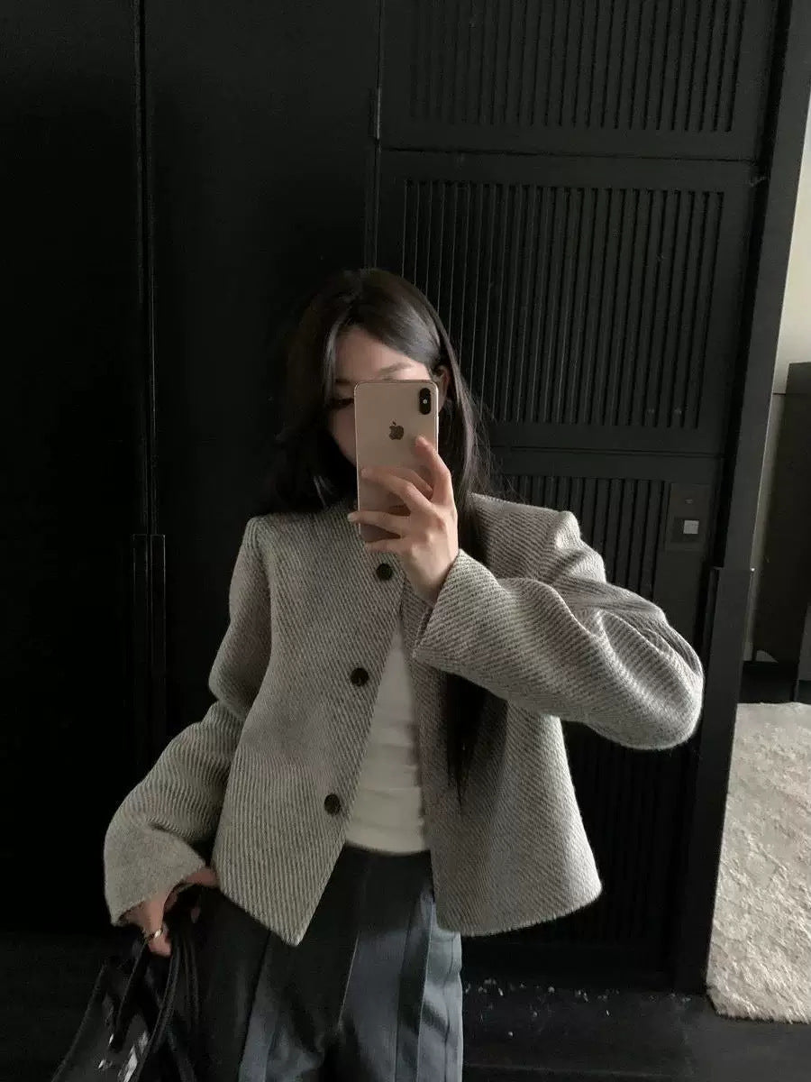 Women's Short Tweed Jacket Round Neck Long Sleeve Coat