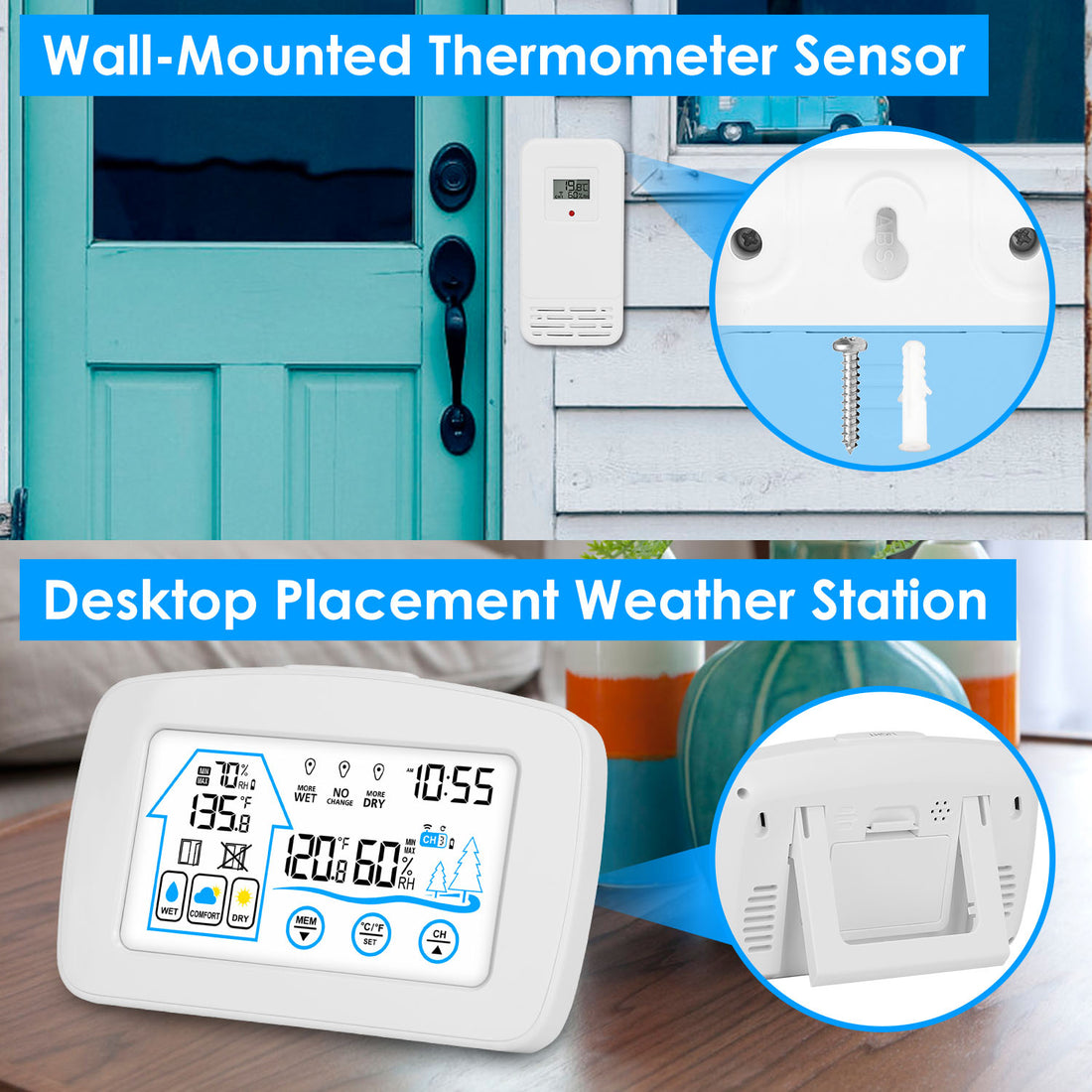 Outdoor sensor mounted on a wall and display on a desk