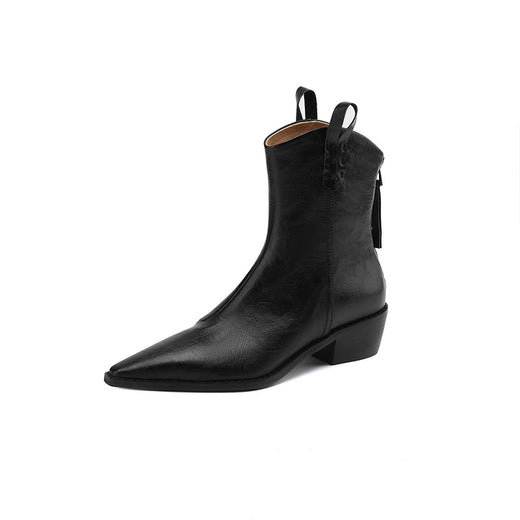 Pointed Toe Thick Heel Genuine Leather Ankle Boots