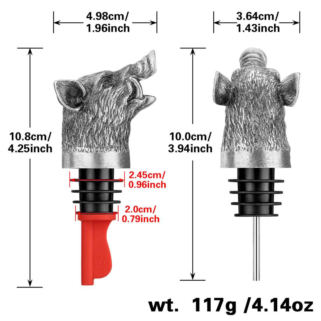 Dark silver boar head wine pourer dimensions with 117 g weight