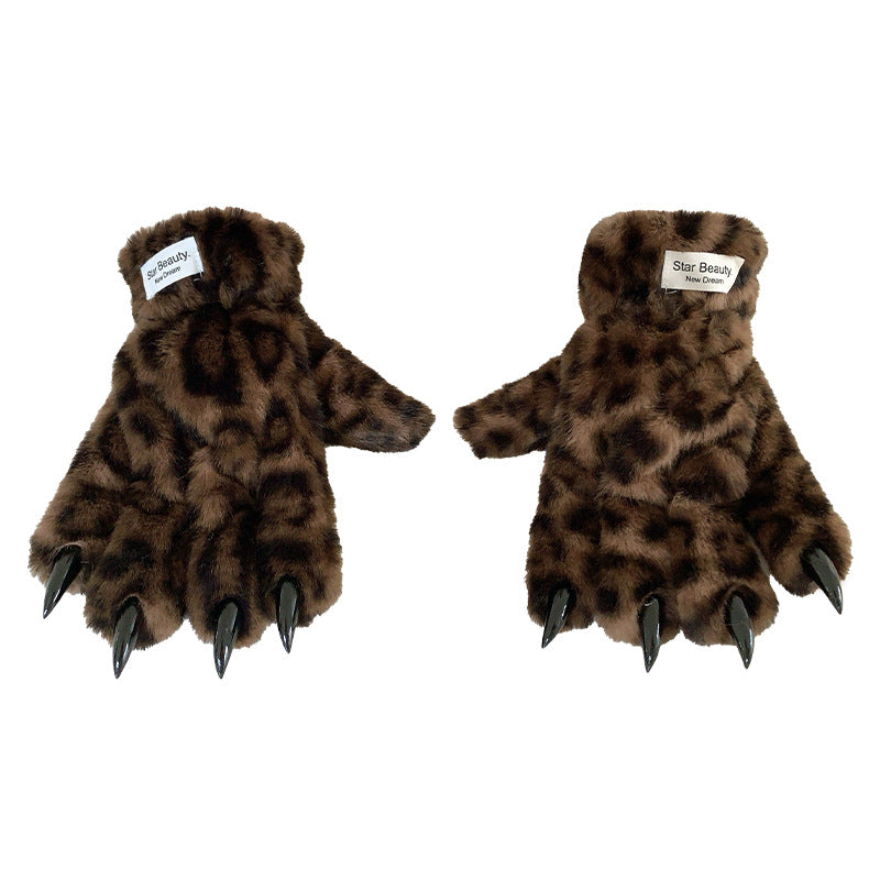 Plush leopard print five-finger winter gloves, photo 1