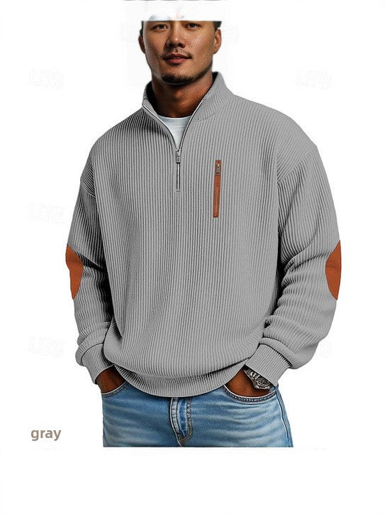 Men's Corduroy Half-Zip Stand Collar Long Sleeve Sweatshirt