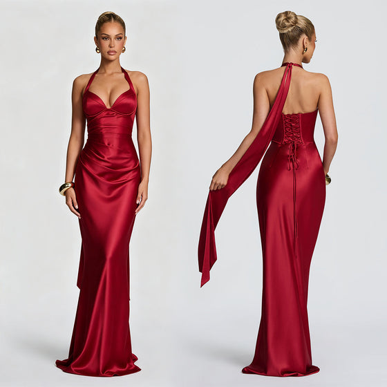 Fashion Elegant Satin Halter Neck Ribbon Backless Cross-Tie Floor-Length Fishtail Gown Dress