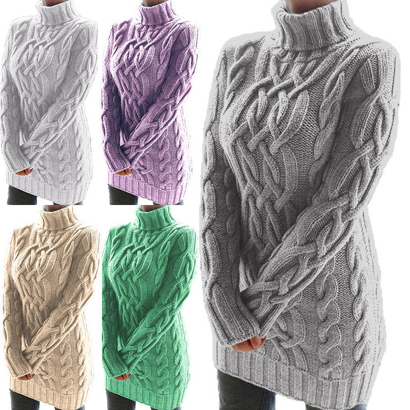 Womens Retro Cable Knit Turtleneck Sweater Dress