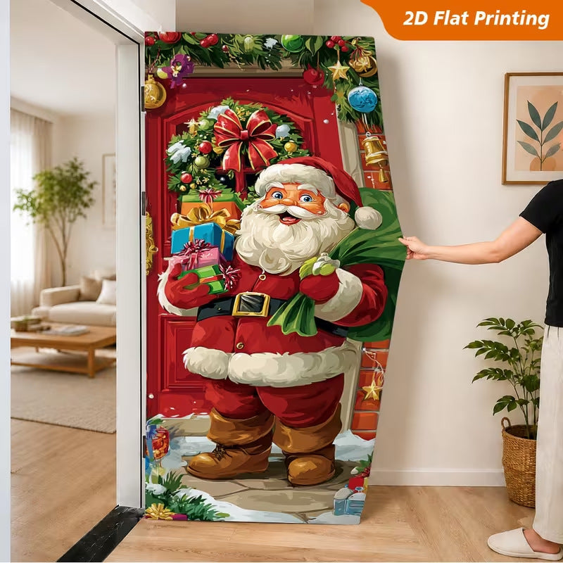 Milk Silk Christmas Door Banner Reindeer Santa Claus Design Festive Party Decoration Hanging Cloth for Home Living Room Bedroom