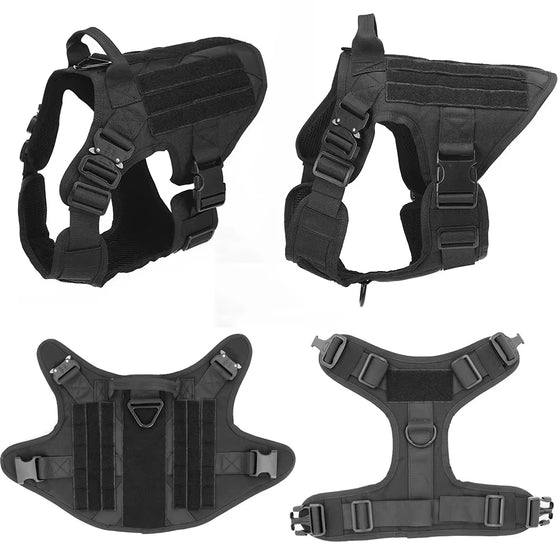 Black tactical dog harness shown from four angles