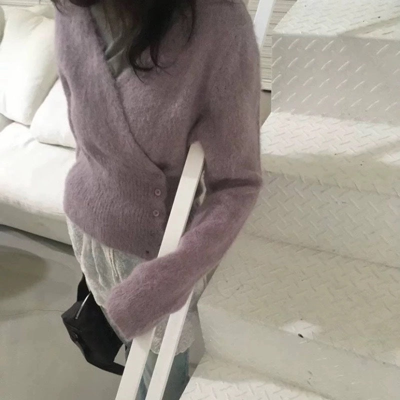 Women's V-neck knit sweater with diagonal button placket, photo 4