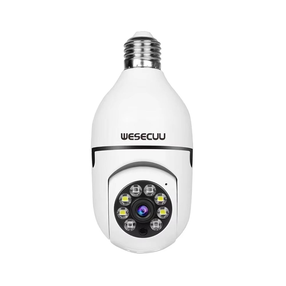 White light bulb security camera with screw base, front view