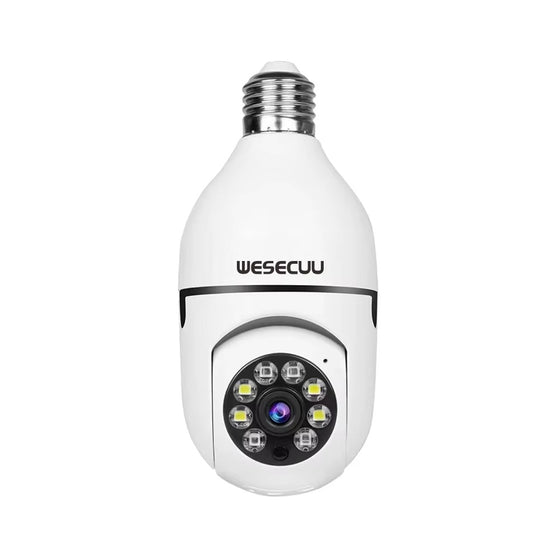 White light bulb security camera with screw base, front view