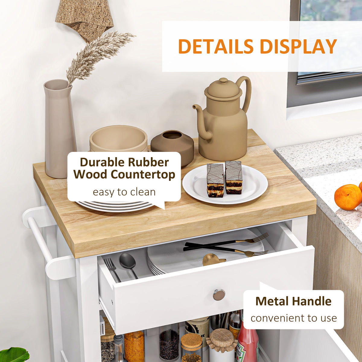 Kitchen island cart rolled next to dining table