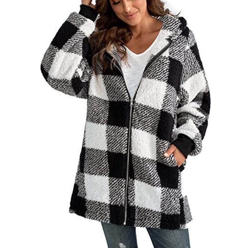 Women's Plush Long Sleeve Plaid Hooded Zip-Up Loose Coat
