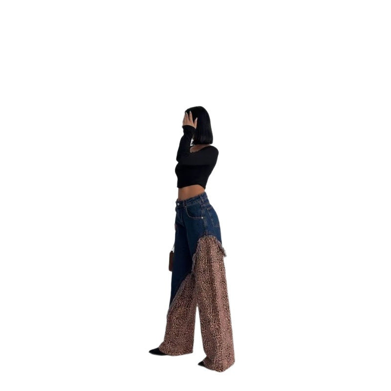 Womens High Waist Leopard Print Wide Leg Jeans Vintage Slimming Denim Trousers