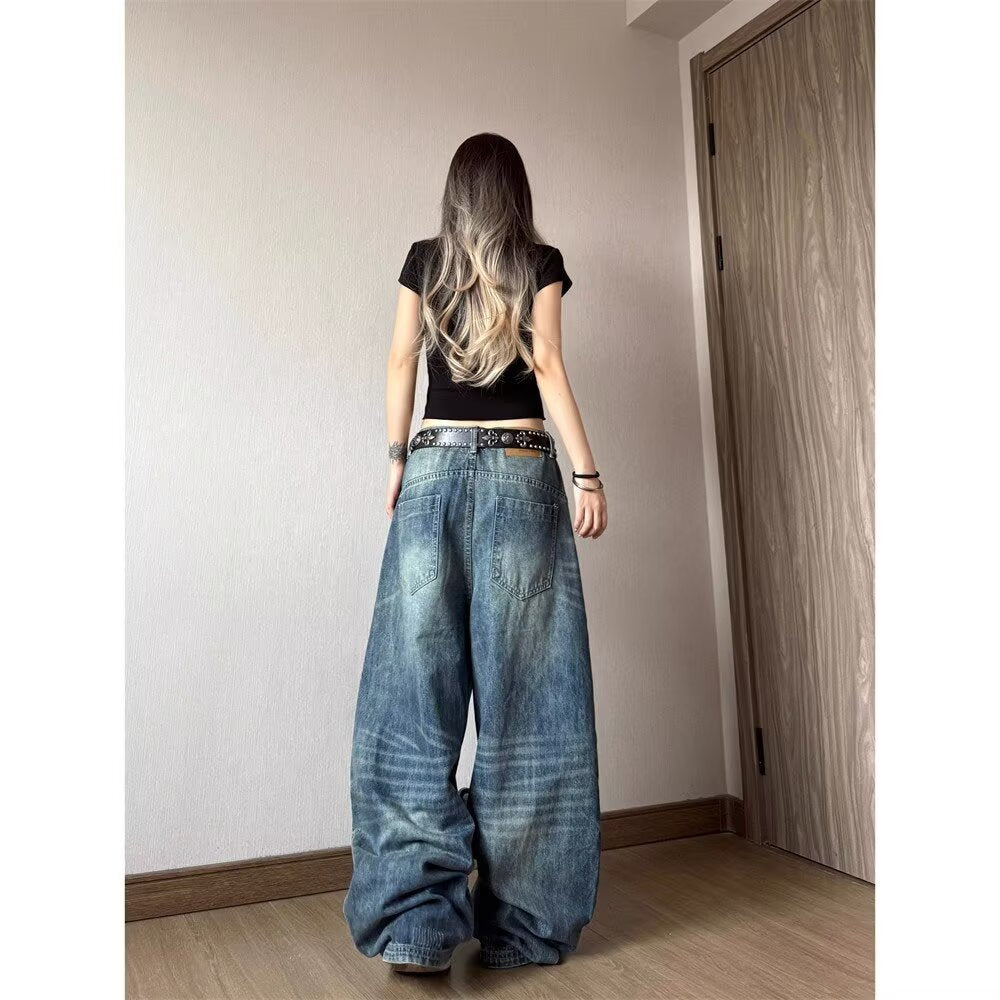 Vintage Distressed High-Waist Wide-Leg Floor-Length Denim Pants for Women