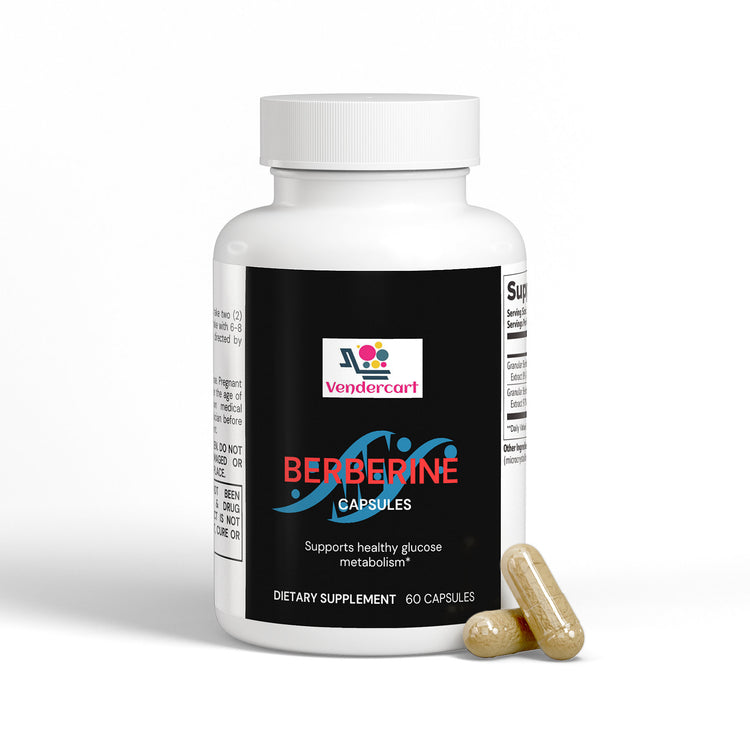 Berberine bottle next to morning coffee setup