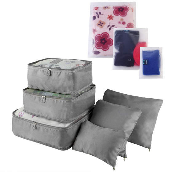 Grey packing cube set with pouches and storage bags
