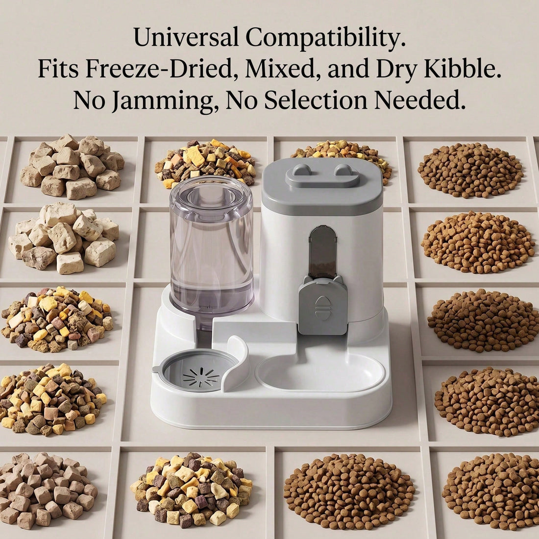Gravity pet feeder shown with different types of dry kibble