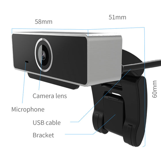 Webcam parts labeled: lens, microphone, USB cable and bracket