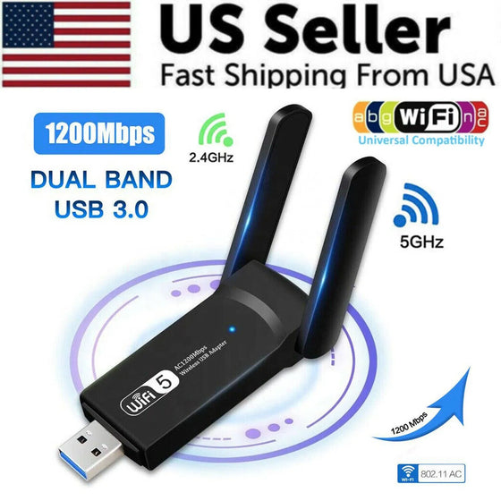 Black dual band USB WiFi adapter with two antennas, 1200Mbps