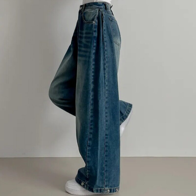 Vintage Washed Wide Leg Jeans with Ankle Button Detail