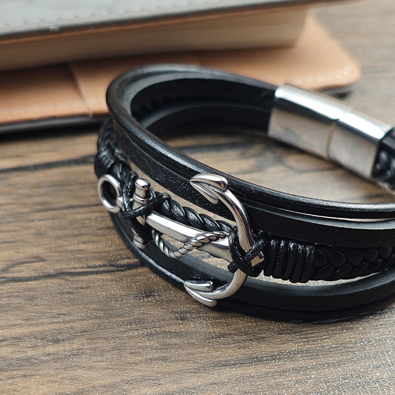 Men's Vintage Braided Leather Anchor Magnetic Bracelet