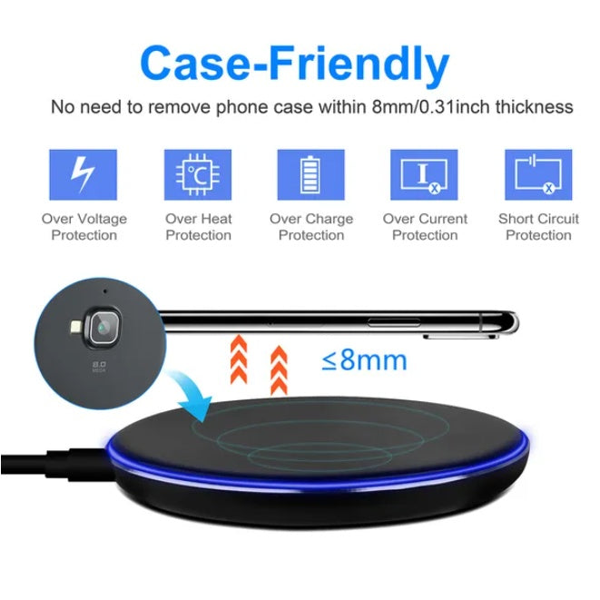 Wireless charger working through a case up to 8 mm with protection icons
