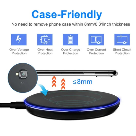 Wireless charger working through a case up to 8 mm with protection icons