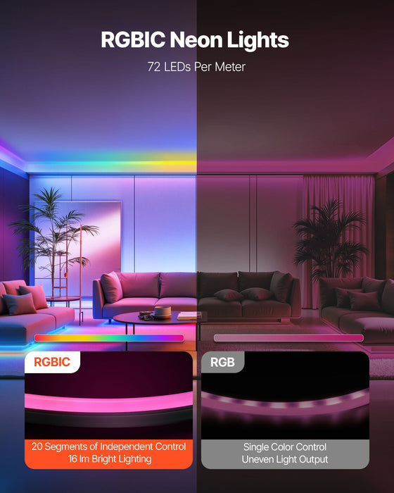 Comparison of multi-segment RGB neon light with single-color strip in a living room