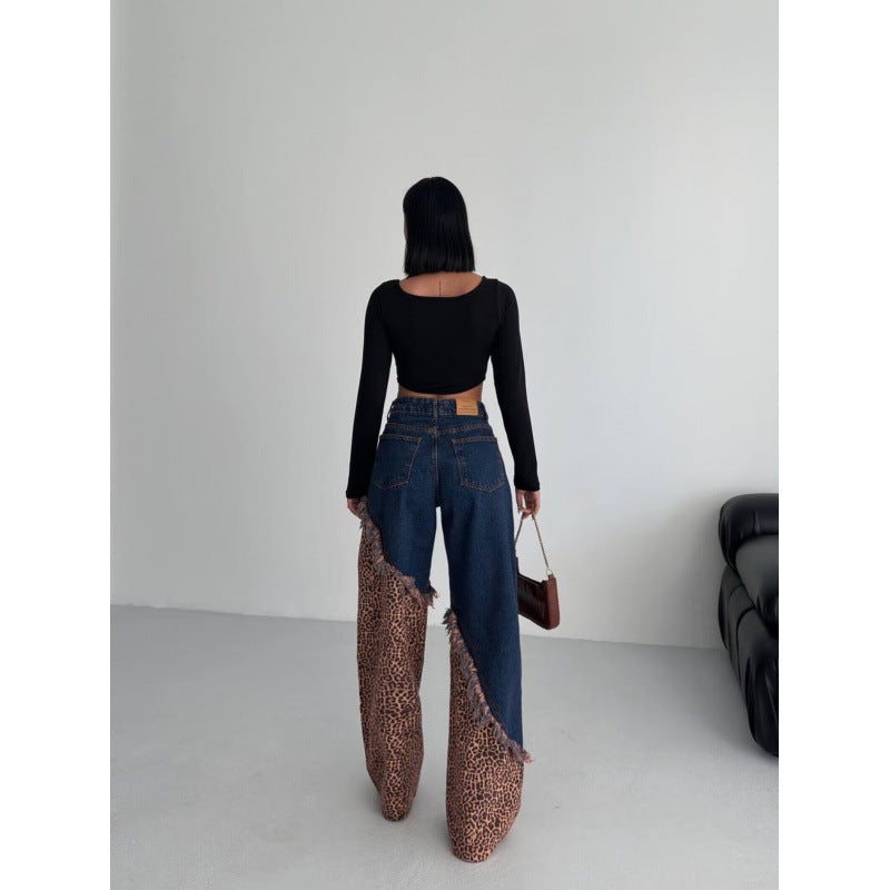 Womens High Waist Leopard Print Wide Leg Jeans Vintage Slimming Denim Trousers