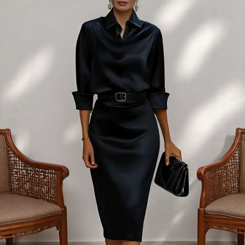 Women's Acetate Satin Long Sleeve Midi Dress with Shirt Collar, image 3 of 35