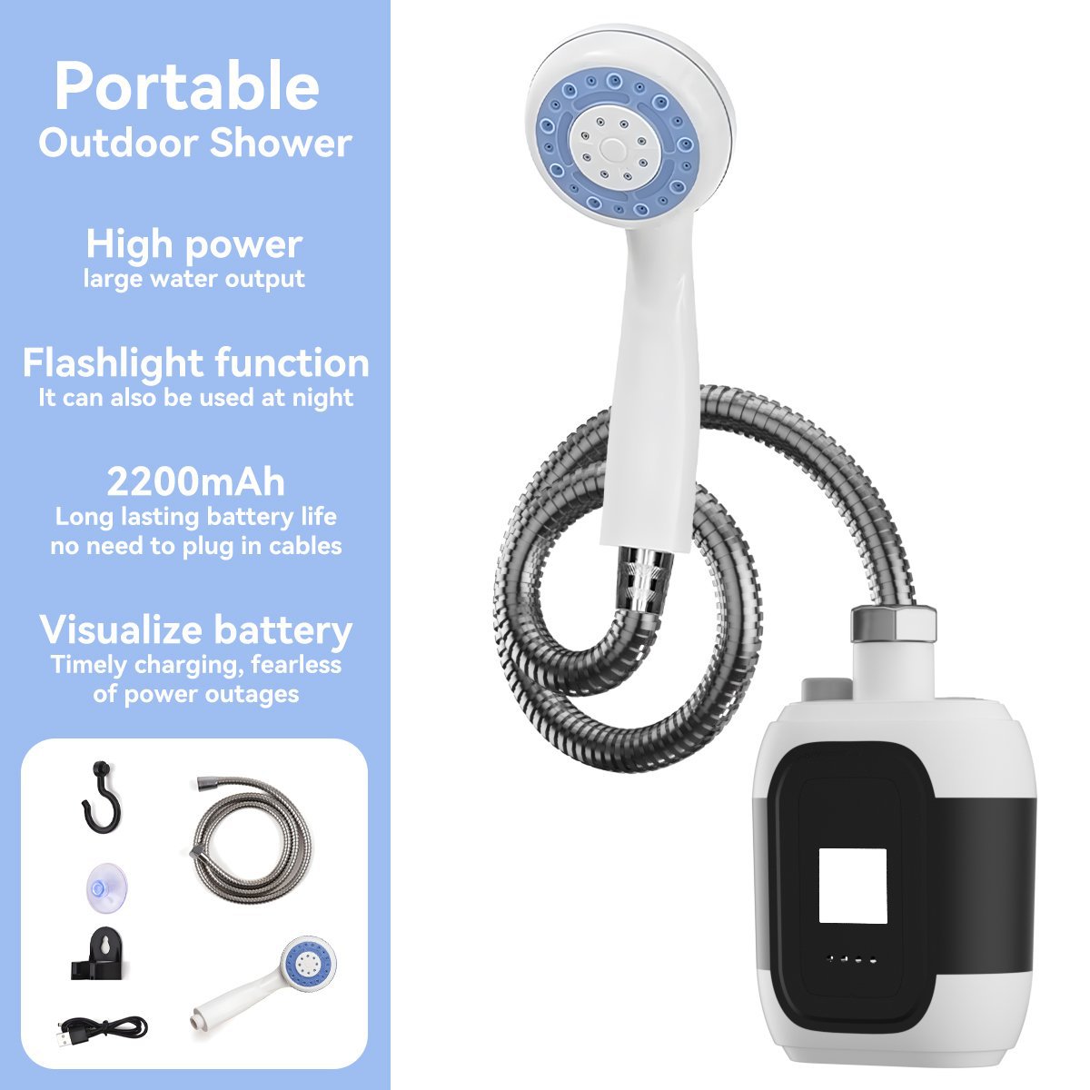 Portable Outdoor Shower with LED Light and Booster Pump