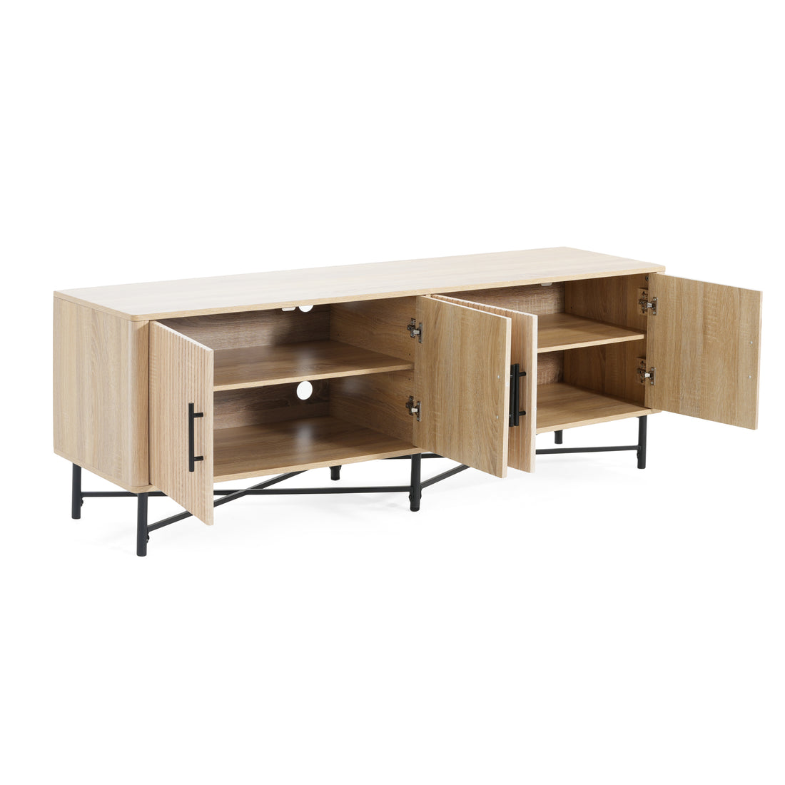 4-Door TV Cabinet with Adjustable Shelves Natural Finish