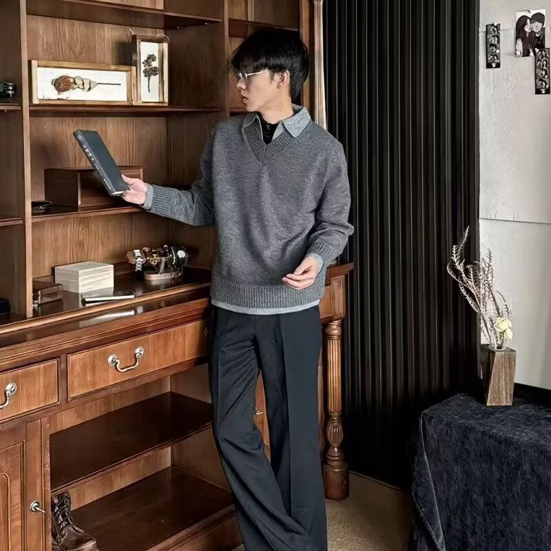 Men's V-Neck Fake Two-Piece Knitted Sweater Slim Fit Long Sleeve Pullover