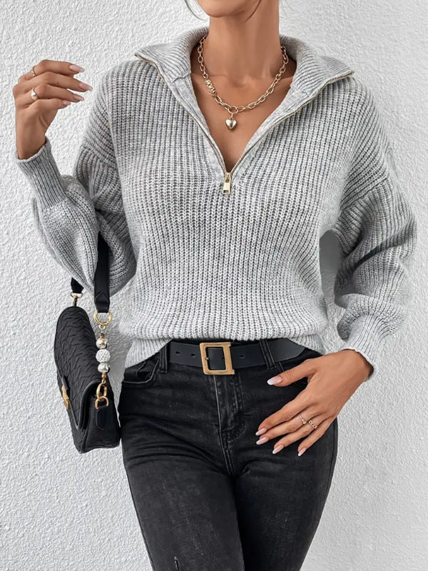 Solid Color Polo Collar Zipper Long Sleeve Knit Sweater for Women