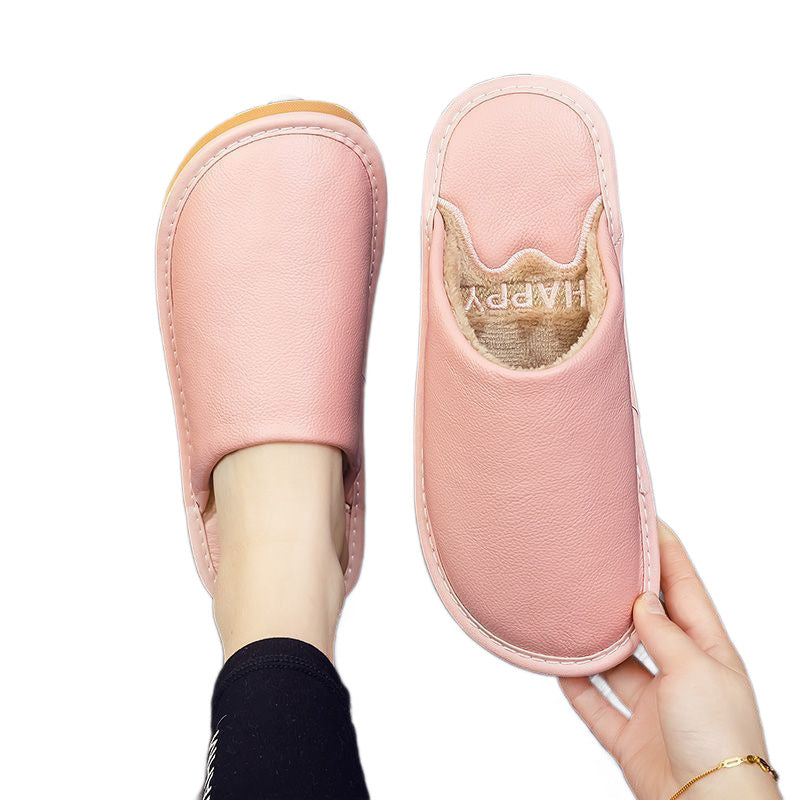 Genuine Leather Plush Lined Non-Slip Thick Sole Closed Toe Indoor Home Slippers for Men Women Winter Warm House Shoes