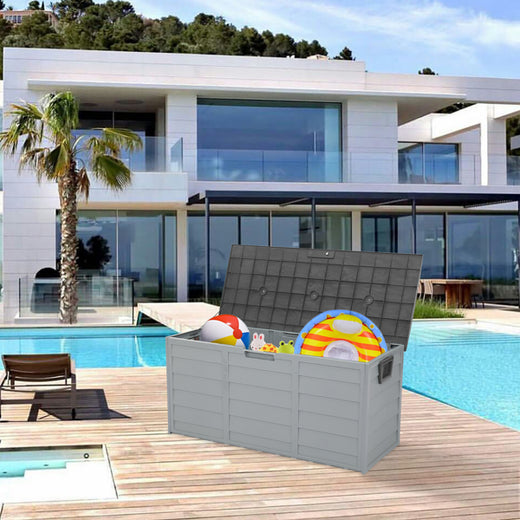 Outdoor courtyard storage box in Grey on a patio