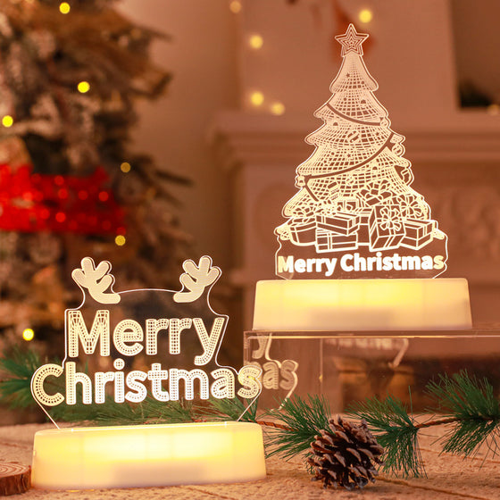 3D acrylic LED night light with Christmas tree and Merry Christmas lettering on a white base