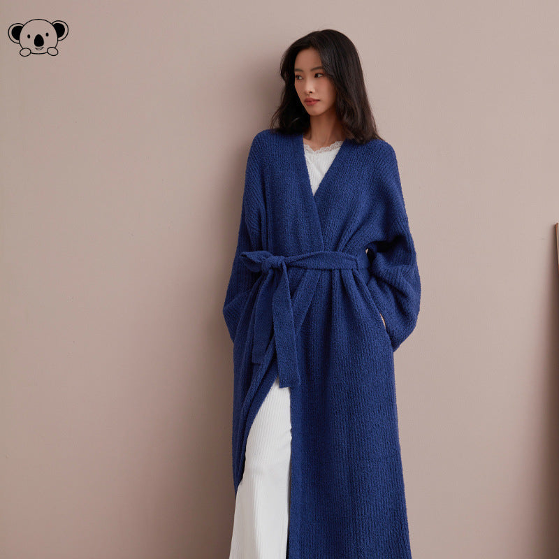 Extra-thick half-sided fleece bathrobe with belt, open front, photo 8