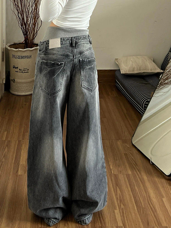 Vintage Washed Double-Waistband Wide-Leg Women's Jeans