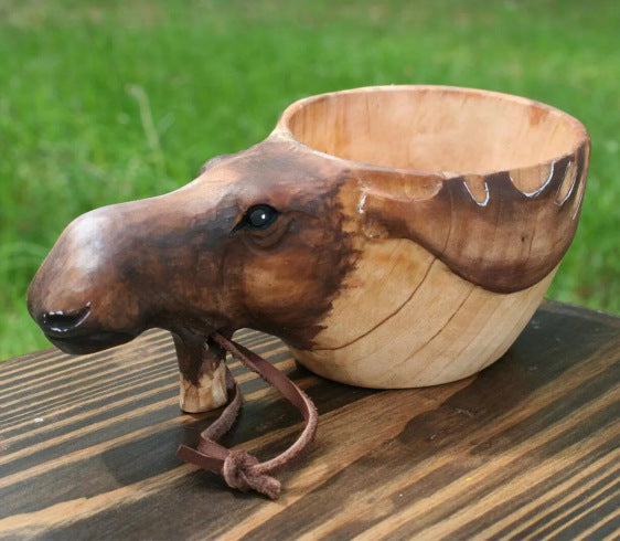 Kuksa wooden mug with painted moose head and antler handle, Moose style