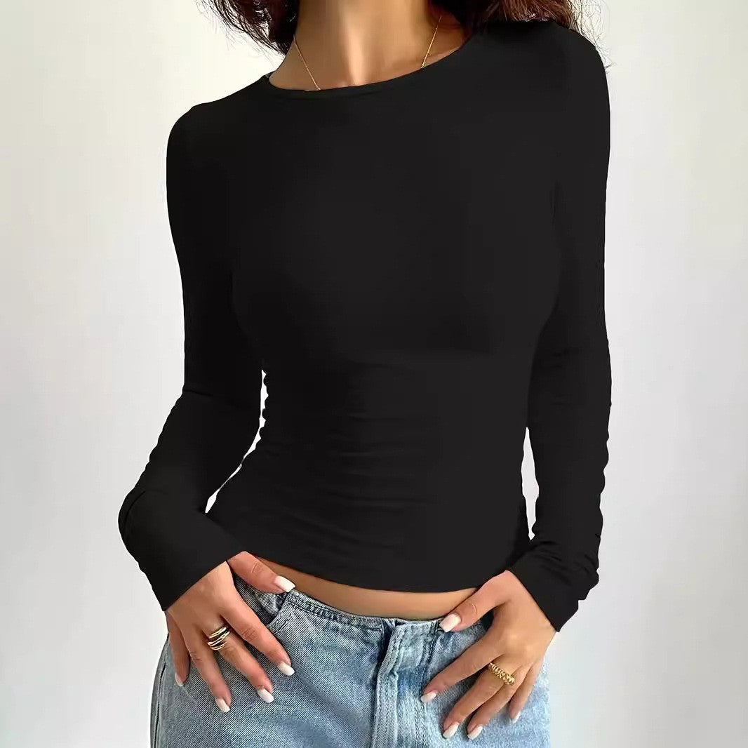 Women's Slim Fit Long Sleeve Solid Color Crewneck T-Shirt