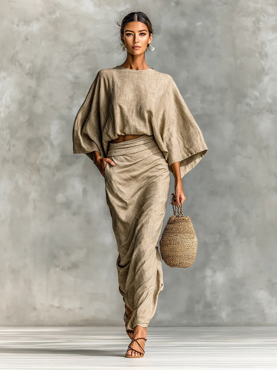 Womens High Waist Long Skirt Set with Loose Top