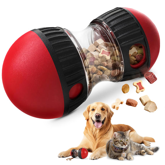 Red and black treat dispensing ball with kibble, a dog and a cat