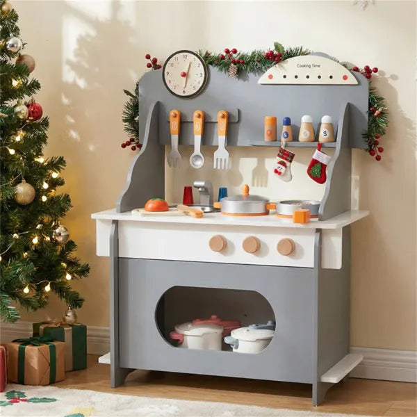 Wooden toddler play kitchen full front view with sink and stove