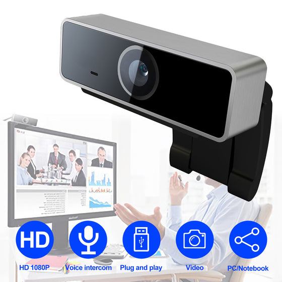1080p USB webcam with icons for HD, voice, plug and play and video