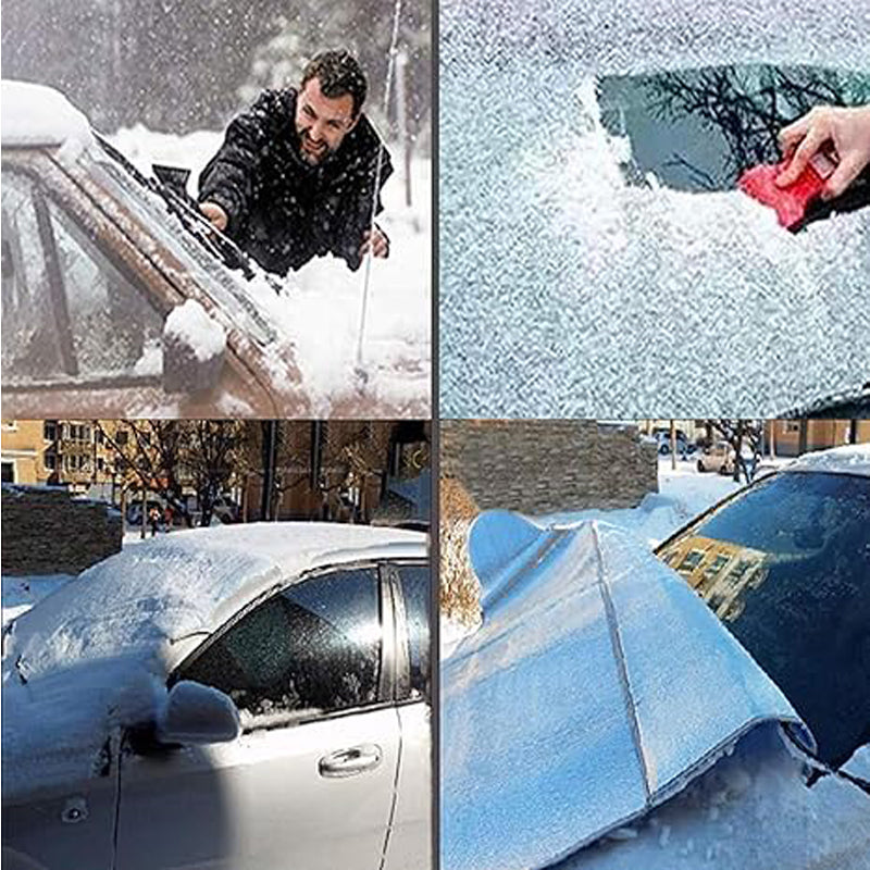 Man lifting snow off the windshield cover
