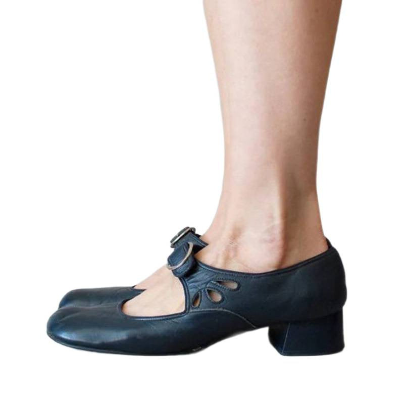 Women Low Heel Round Toe Buckle Strap PU Loafers