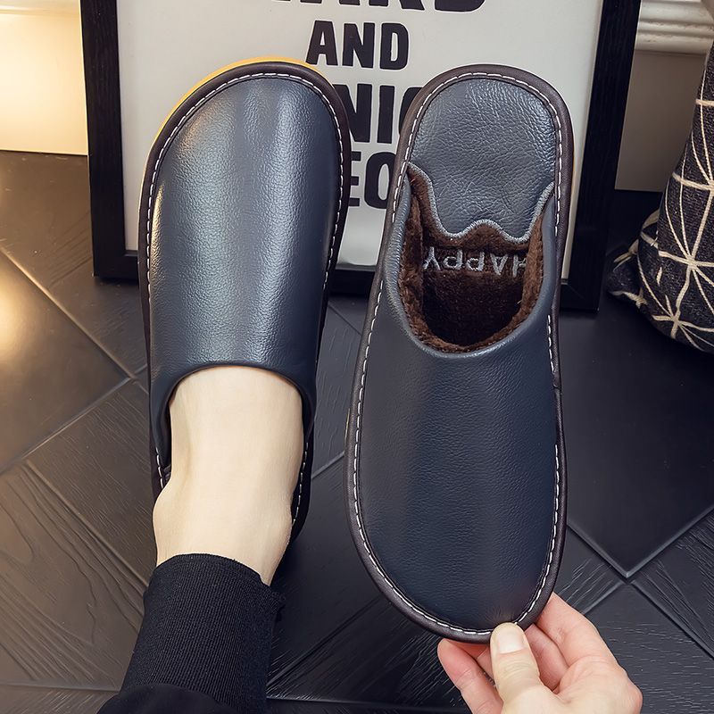 Genuine Leather Plush Lined Non-Slip Thick Sole Closed Toe Indoor Home Slippers for Men Women Winter Warm House Shoes