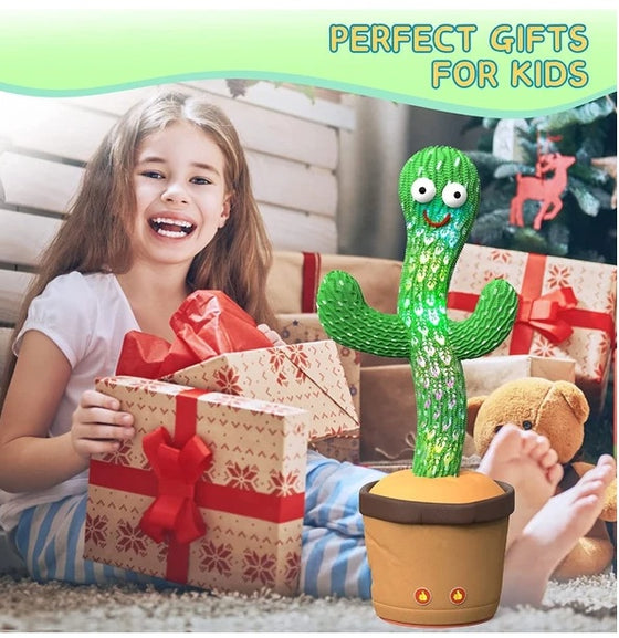 Girl opening Christmas gifts with the singing dancing cactus plush toy