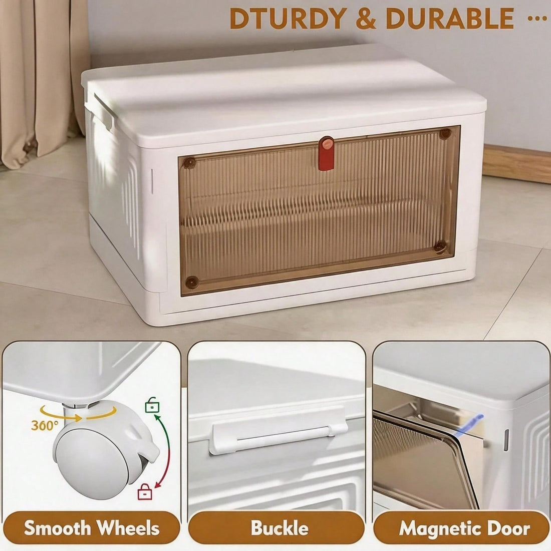 Single storage bin with close-ups of swivel wheel, buckle and magnetic door