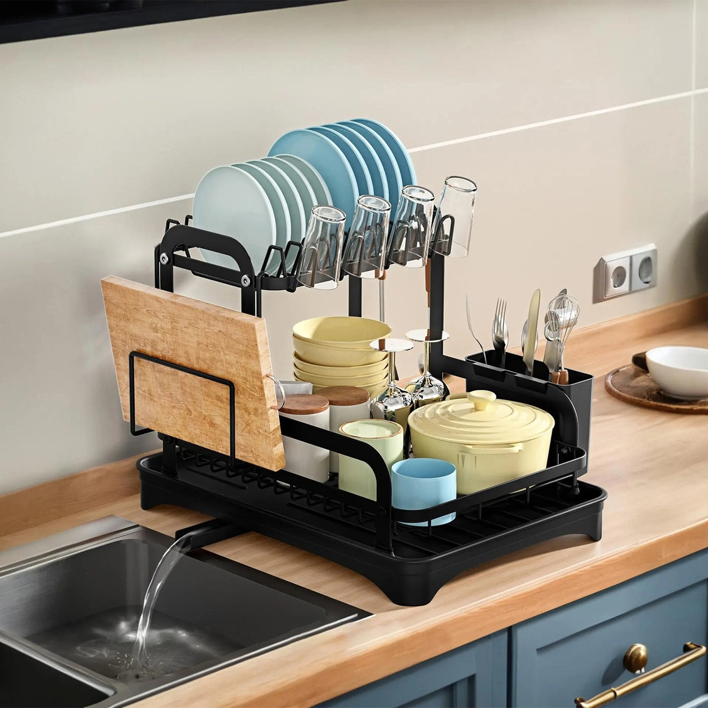 2 tier dish drying rack with drainboard and utensil holder in black